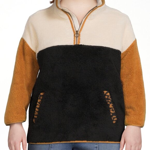 Time and Tru | Faux Shearling Quarter Zip Pullover Top | Leopard Trimmed | XL - Picture 1 of 8